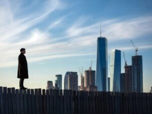 אדם בוחן את קו הרקיע וההתחדשות העירונית של תל אביב, על רקע מגמות שוק הנדל"ן בשנת 2025.