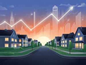 שכונת מגורים עם גרף עלייה ברקע, מייצגת את זינוק המשכנתאות והפיגורים לפי נתוני בנק ישראל – ספטמבר 2025